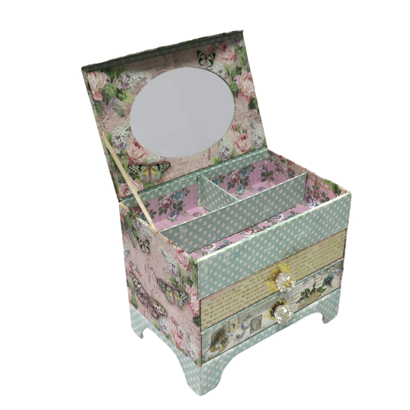 Vintage Floral Multi-Layer Jewelry & Makeup Box with Mirror