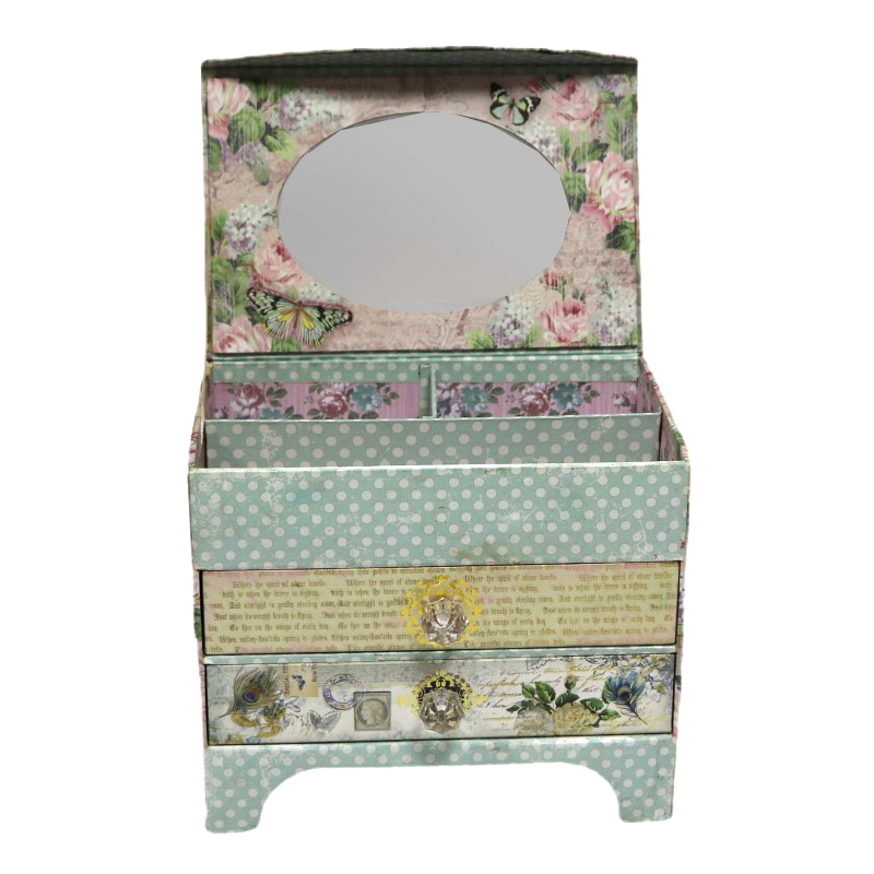Vintage Floral Multi-Layer Jewelry & Makeup Box with Mirror