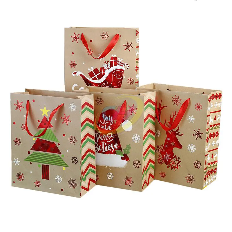 Gold Foil Christmas Paper Gift Bags – Luxe Eco-Friendly Holiday Packaging with Custom Branding for Retail & Festive Gifting