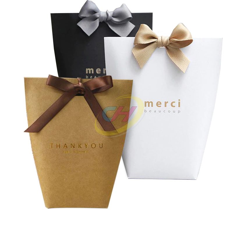 Custom Printed Bow Gift Bags - Personalized Kraft/Black/White Gift Bags for Holiday Favors & Party Gifts