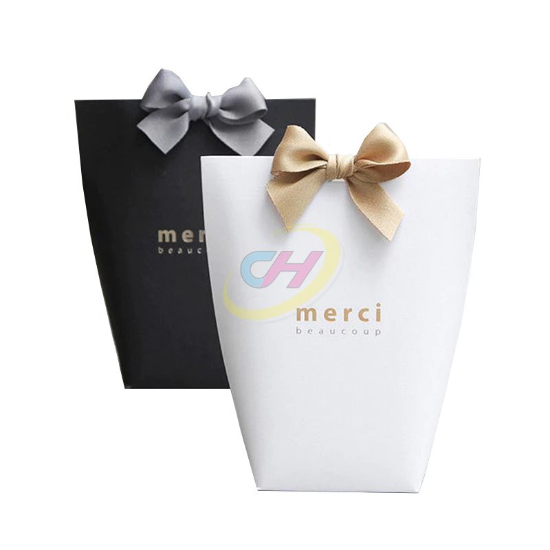 Custom Printed Bow Gift Bags - Personalized Kraft/Black/White Gift Bags for Holiday Favors & Party Gifts