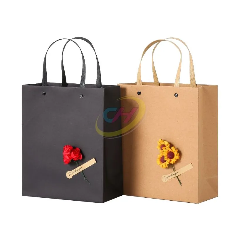 Minimalist Floral Kraft Paper Gift Bags - Reusable Eco-Friendly Gift Bags for Birthday & Everyday Gifting
