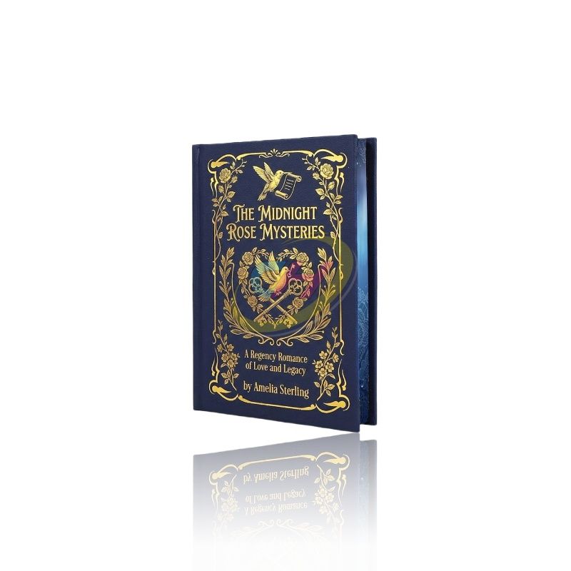 Custom Gold Foil Hardcover Novel with Blue Gradient Sprayed Edges and Decorative Printed Page Borders