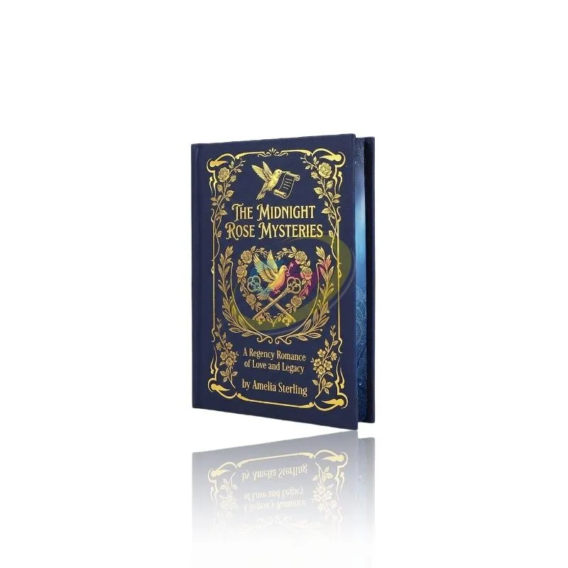 Custom Gold Foil Hardcover Novel with Blue Gradient Sprayed Edges and Decorative Printed Page Borders