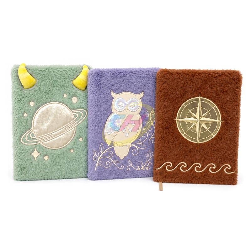 Mint planet, purple owl and brown compass plush cover notebooks