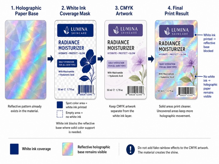 White ink layer and mask file for holographic paper printing