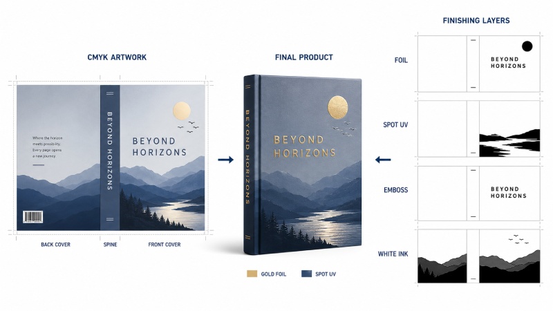 Separate CMYK artwork and finishing layers for book printing
