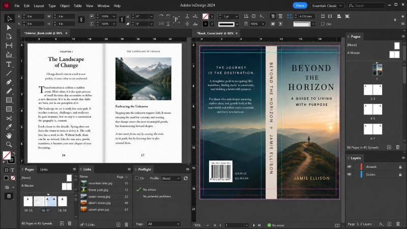 Book interior and cover artwork checked in Adobe InDesign