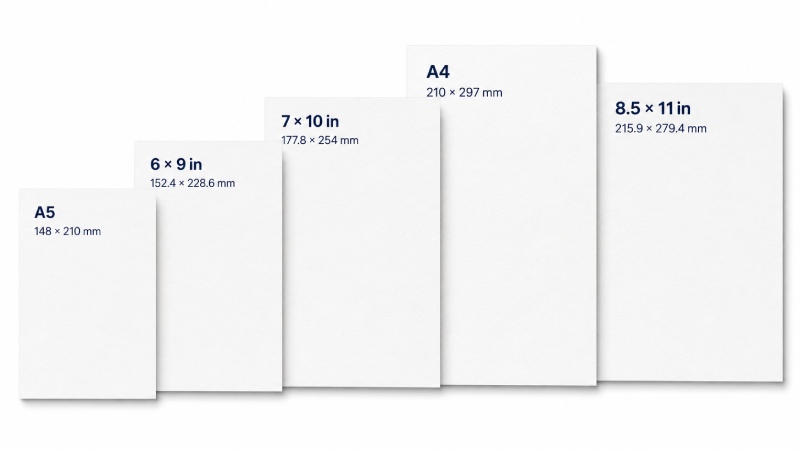 Common book trim sizes shown in accurate proportions
