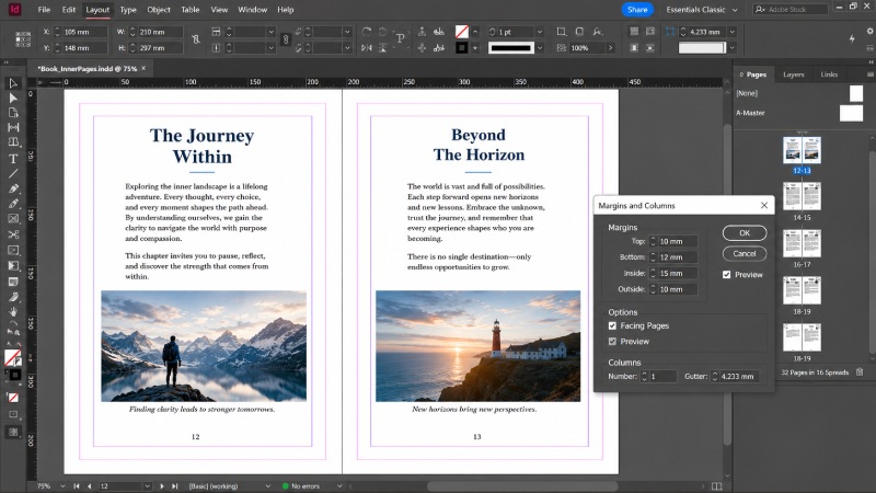 Setting safe margins in Adobe InDesign for a book layout