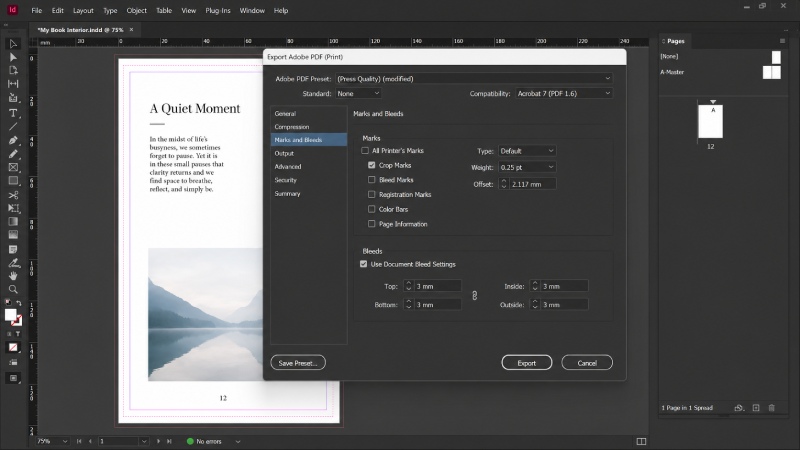 Adding crop marks during PDF export in Adobe InDesign