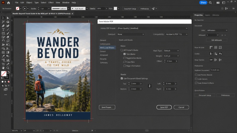 Setting trim marks and bleed in Adobe Illustrator PDF export
