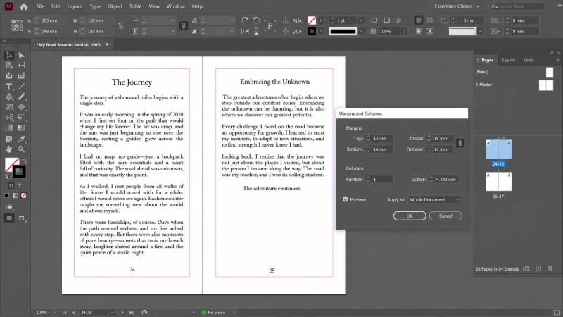 Setting page margins for facing pages in Adobe InDesign