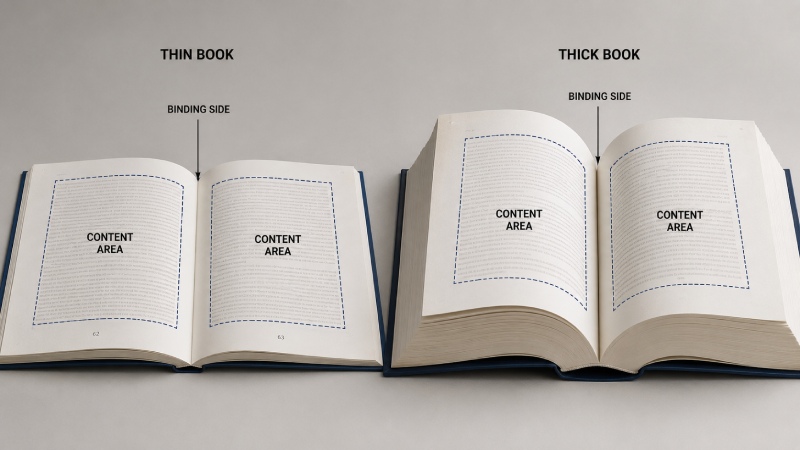 Binding margin difference between thin and thick books