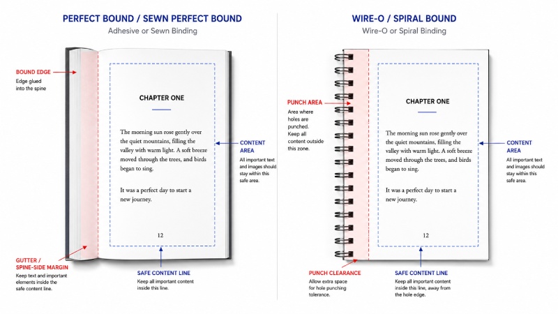 Content clearance near perfect binding and punched binding edges