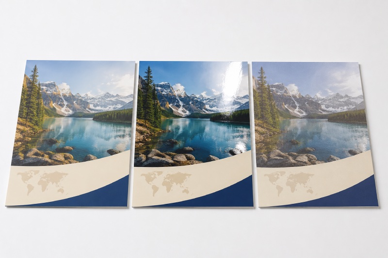The same brochure artwork printed on matte coated, gloss coated, and smooth uncoated paper