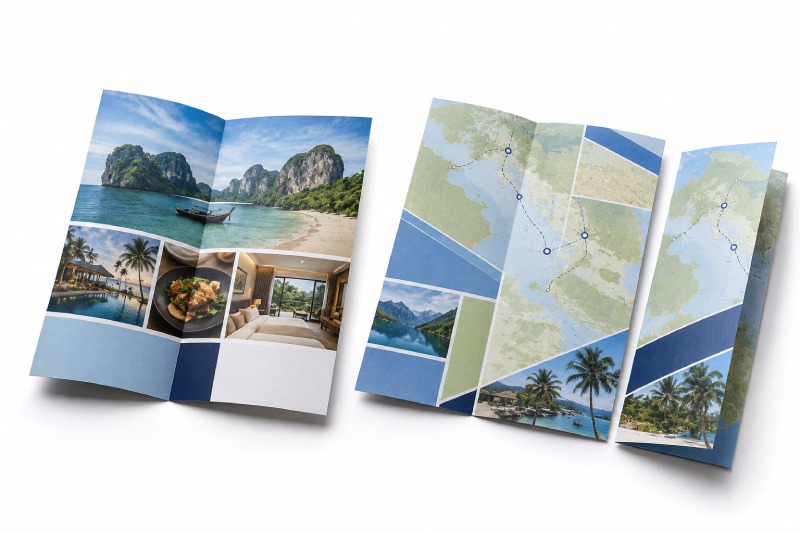 Photo-led travel brochure beside a lighter map-style multi-fold travel brochure