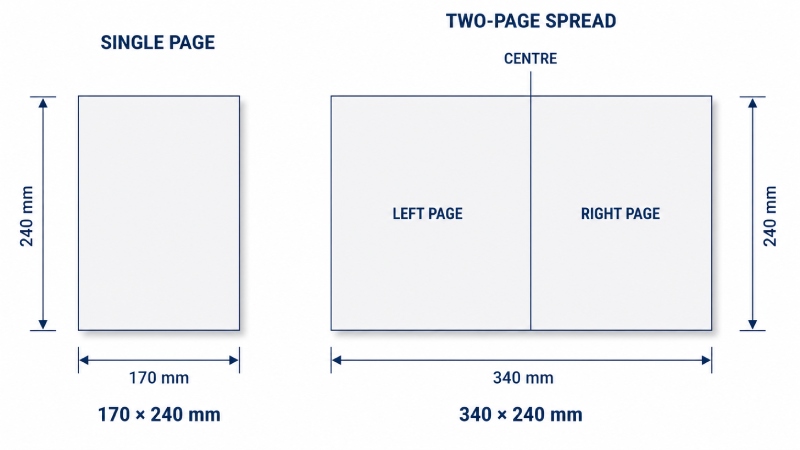 Single page size compared with two-page spread size