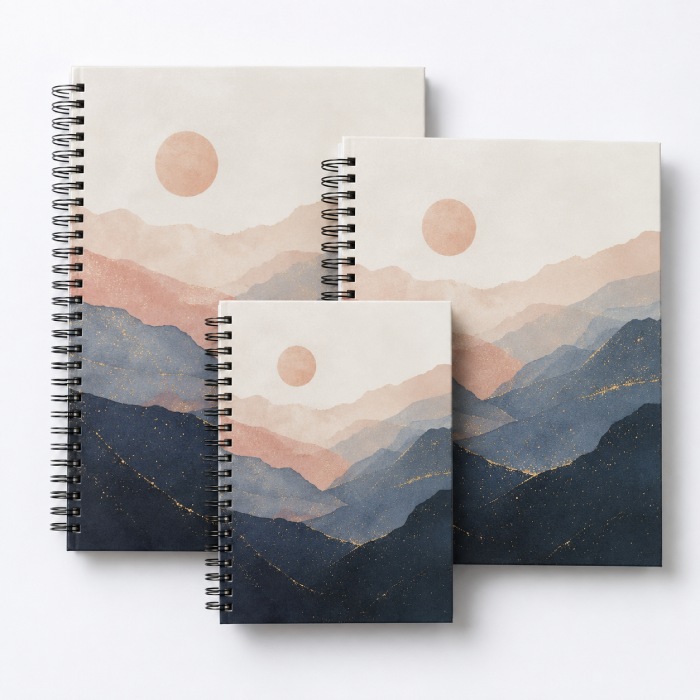 A5, A4, and 8.5 by 11 hardcover spiral notebooks shown in accurate relative sizes