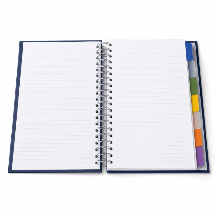 Hardcover spiral notebook with staggered paper and PP divider tabs protected by the cover