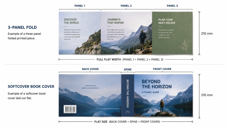 Flat size made from multiple panels in folded and cover artwork