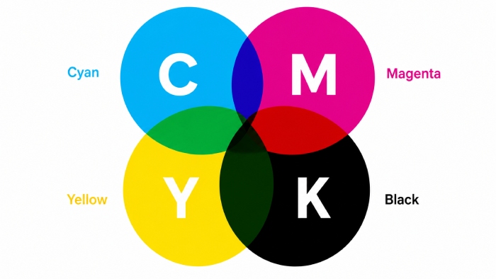 CMYK four color printing process with cyan magenta yellow and black inks