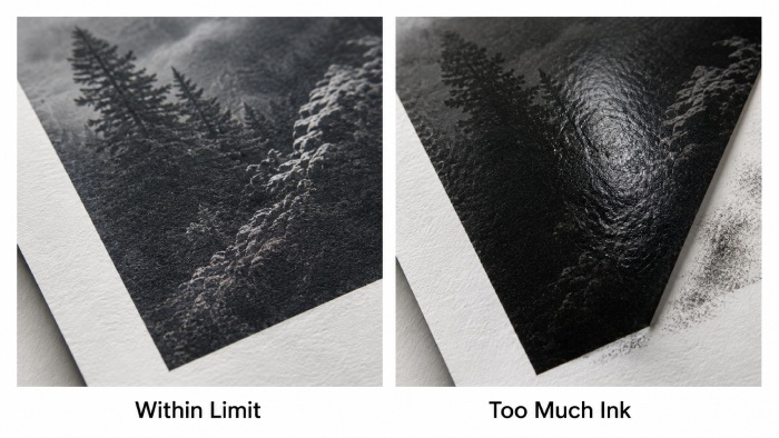 Controlled and excessive ink coverage on printed paper