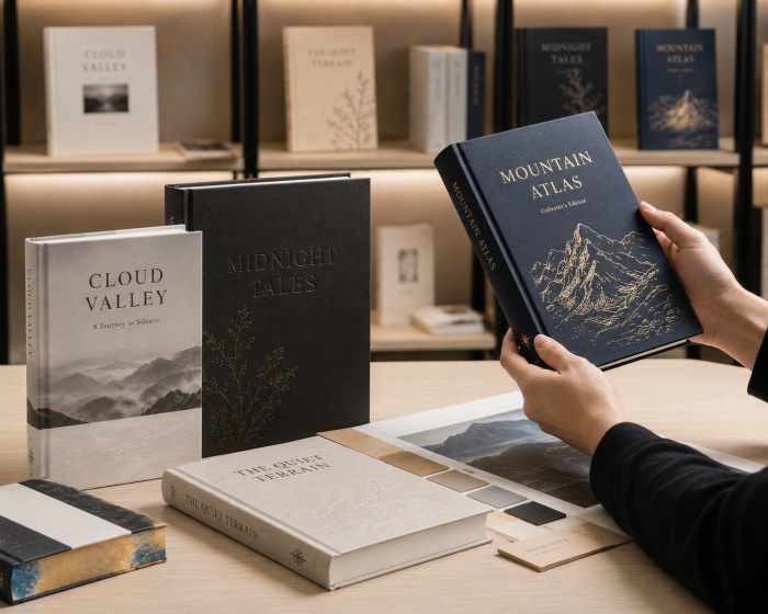 Hardcover book finishing options with foil stamping dust jacket and sprayed edges