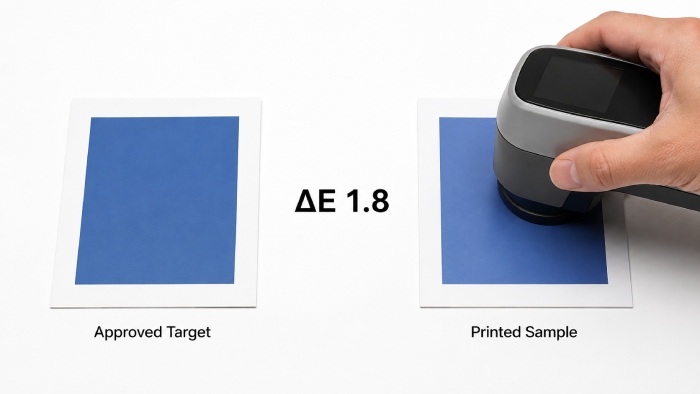 Delta E comparison between an approved color target and printed sample