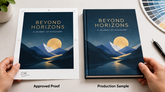 Approved physical proof compared with a production print sample