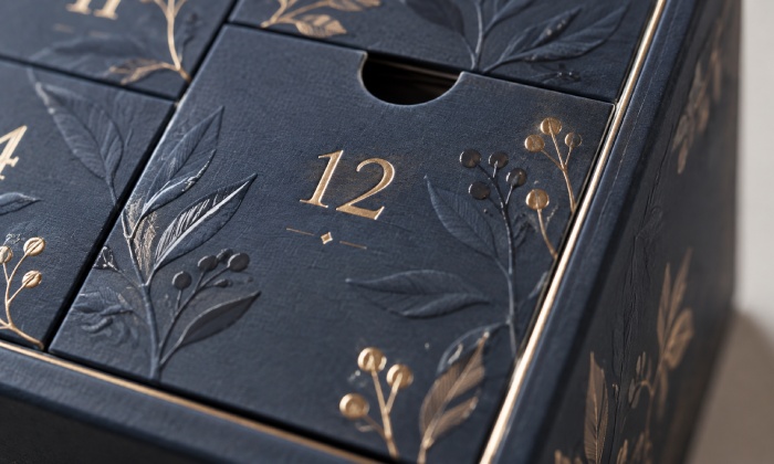 gold foil embossing and Spot UV on Advent calendar packaging