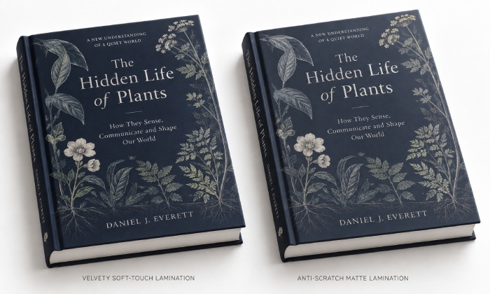 Soft-touch and anti-scratch lamination on dark hardcover books