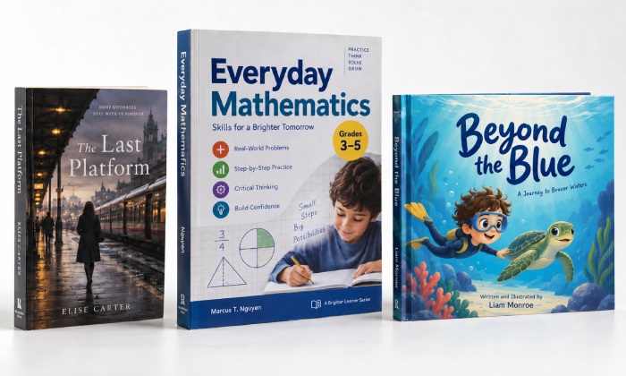 Novel, workbook and picture book in different trim sizes
