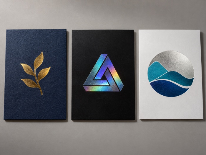 Hot foil, holographic foil and cold foil print samples