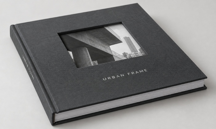 Die-cut window on a modern hardcover book