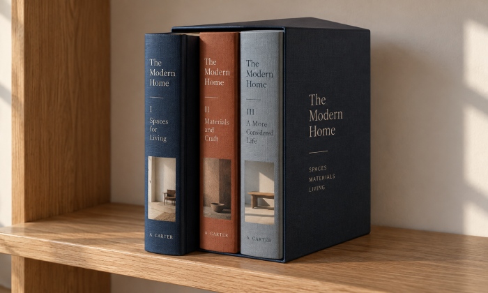 Three hardcover books in a slipcase with one volume partly pulled out