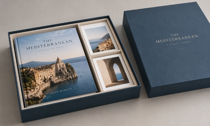 Open rigid box holding a hardcover book and two art prints