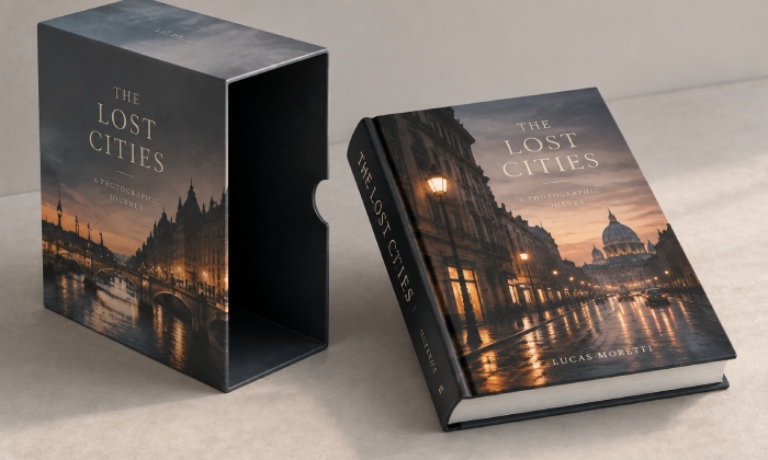 Hardcover book beside its fitted slipcase, showing the open side