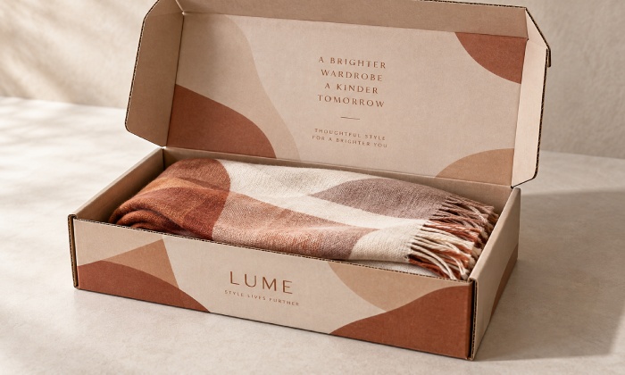 Folded scarf inside an open printed corrugated PR mailer.