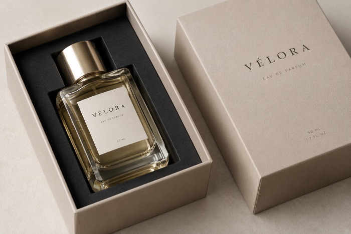 Glass fragrance bottle secured in the fitted insert of an open two-piece rigid PR box.