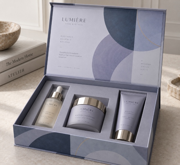 Three cosmetic products held in separate compartments inside an open magnetic PR box.