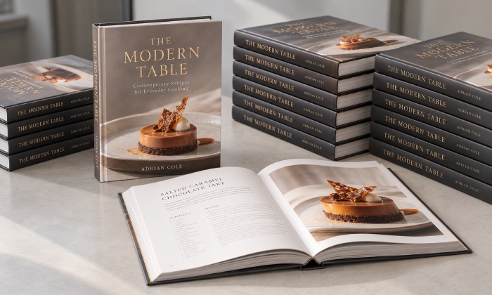 Foil-stamped hardcover cookbooks arranged as a finished production batch