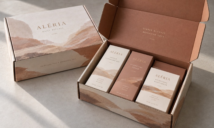 Individual paperboard cartons arranged inside a printed microflute corrugated box