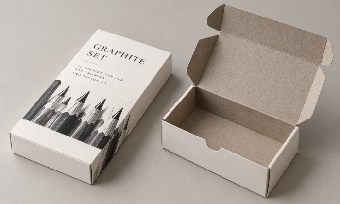 Folding carton with a white printed exterior and gray recycled interior