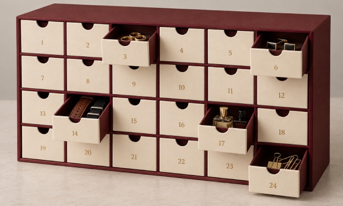 Drawer Advent calendar reused for small-item storage