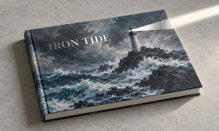 Silver foil title over printed ocean artwork on a modern hardcover book