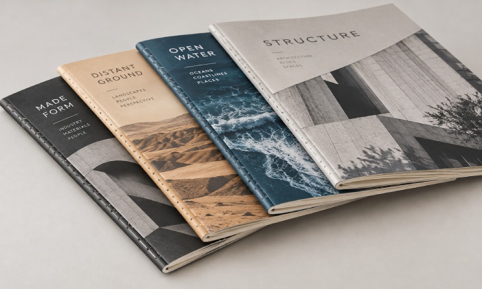 Modern architectural booklets with Singer-sewn stitching along the folded spines