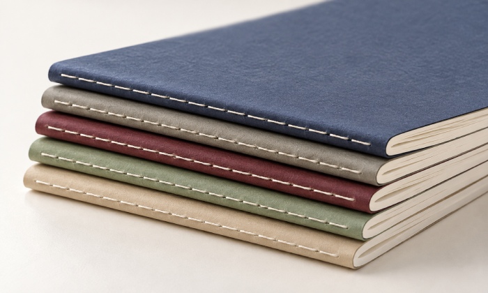 Stacked Singer-sewn notebooks with evenly spaced white stitches along the folded spines