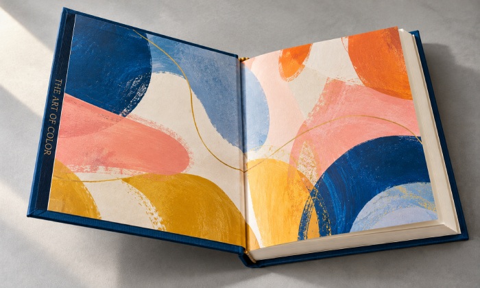 Colorful abstract artwork printed across the pastedown and free endpaper of a hardcover book
