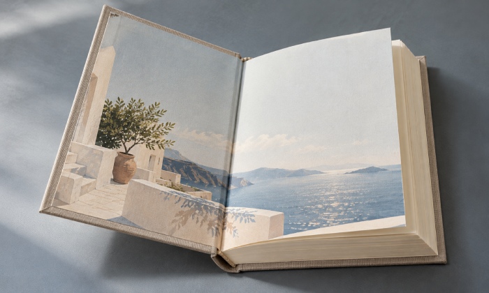 Mediterranean coastal artwork extending across the printed endpapers of an open hardcover book